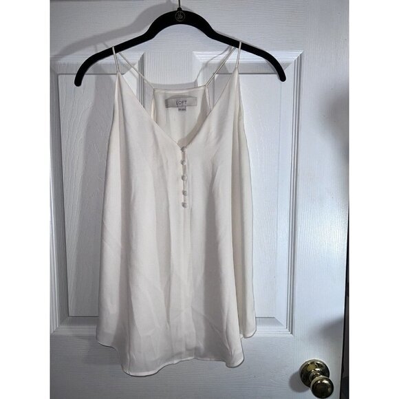 LOFT Off White Sleeveless V-Neck Spaghetti Strap Button Detail Flowy Top Sz XS - Picture 3 of 7